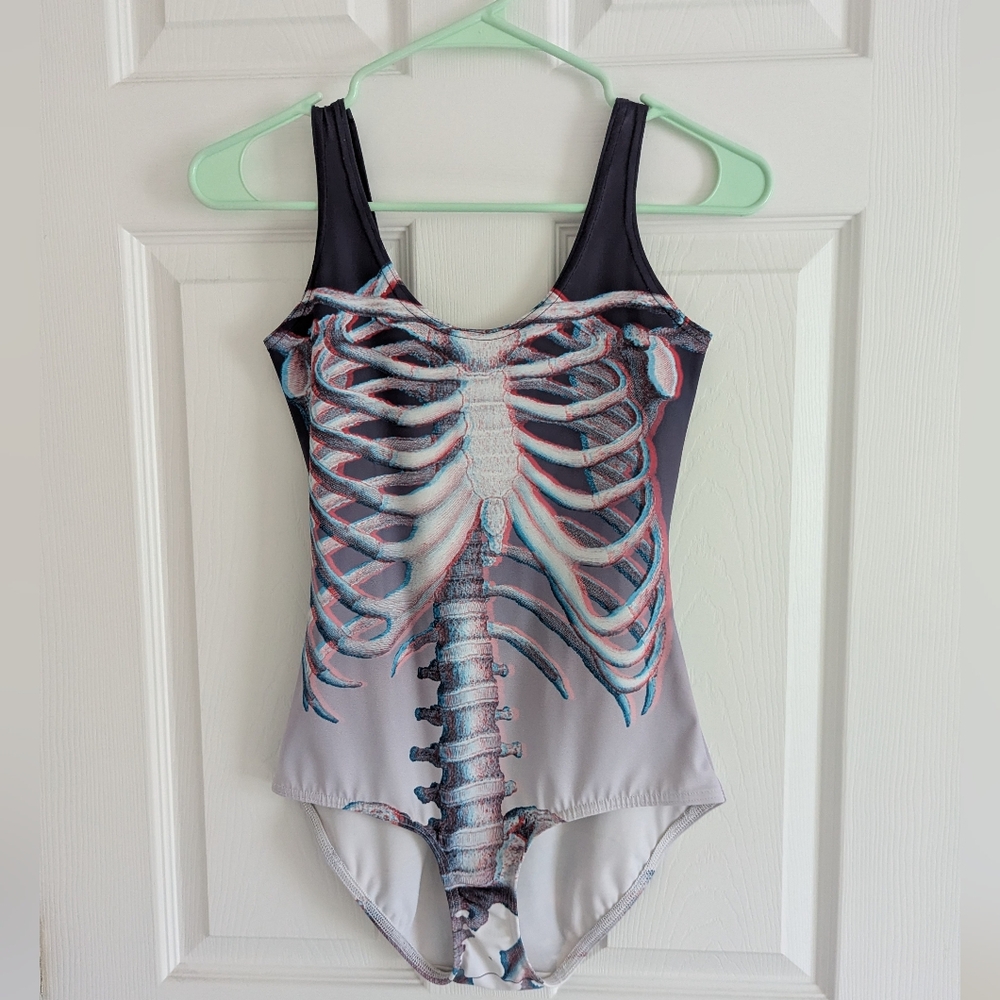 BlackMilk Black Milk Skeleton Ribs 3D Print One Piece Swimsuit Size S